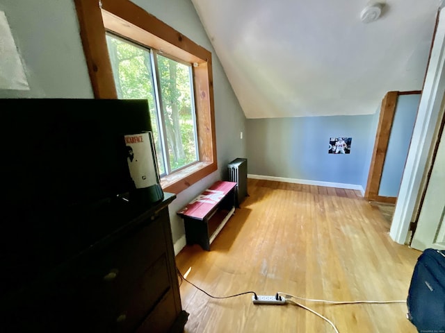 148 Burwell Rd, West Haven, CT 06516 - bonus room featuring radiator heating unit, vaulted ceiling, and light wood-style floors