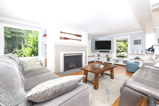 424 E Wakefield Blvd, Winchester, CT 06098 - living area featuring wood finished floors, crown molding, and a fireplace with flush hearth