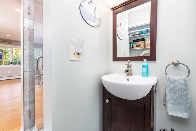 424 E Wakefield Blvd, Winchester, CT 06098 - bathroom featuring vanity, wood finished floors, and a baseboard radiator