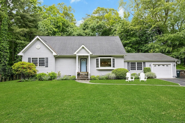 6 Queens Ln, Darien, CT 06820 - view of front of house with an attached garage, asphalt driveway, a front yard, and a shingled roof