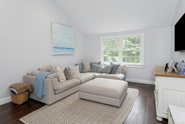 6 Queens Ln, Darien, CT 06820 - living area featuring lofted ceiling, dark wood-type flooring, and baseboards