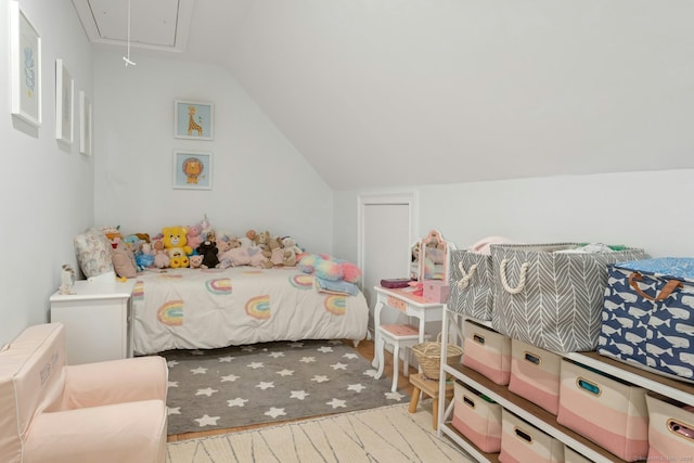 6 Queens Ln, Darien, CT 06820 - bedroom with lofted ceiling, attic access, and wood finished floors
