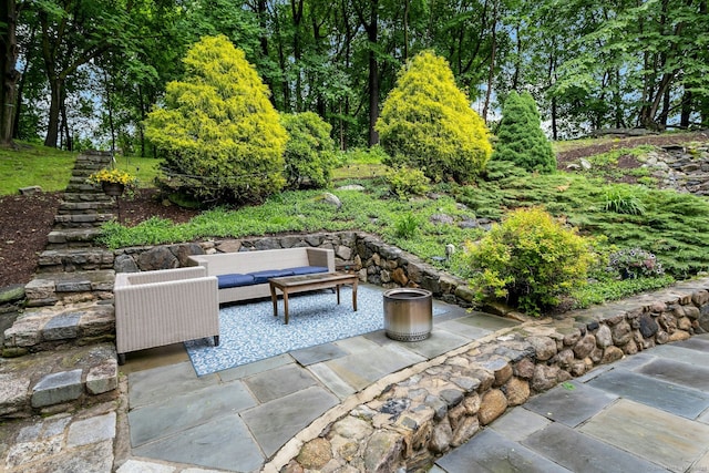 6 Queens Ln, Darien, CT 06820 - view of patio / terrace featuring an outdoor hangout area, stairway, and view of wooded area