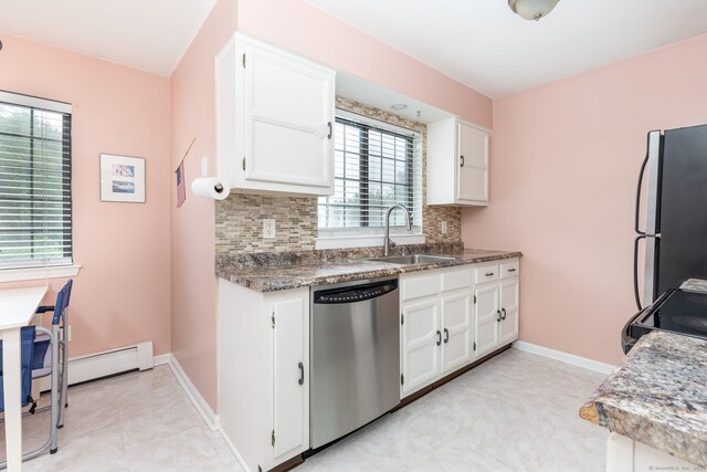 202 Foxwood Ln Unit 202, Milford, CT 06461 - kitchen with dishwasher, freestanding refrigerator, a sink, decorative backsplash, and white cabinetry