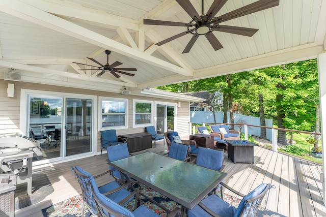 72 Lake View Dr, Woodstock, CT 06281 - wooden terrace featuring outdoor dining area, a ceiling fan, and an outdoor fire pit