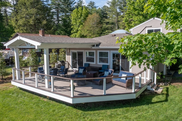 72 Lake View Dr, Woodstock, CT 06281 - rear view of property with an outdoor living space, a yard, a shingled roof, and a deck