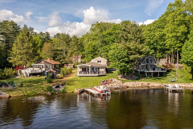 72 Lake View Dr, Woodstock, CT 06281 - water view featuring a fire pit, a dock, a forest, and stairs