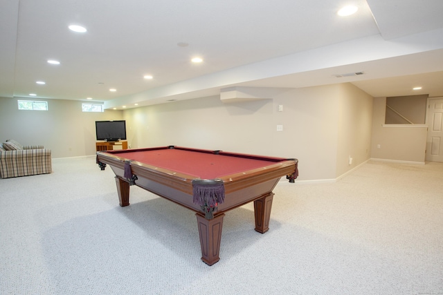 41 Blue Ridge Dr, Simsbury, CT 06089 - rec room with recessed lighting, light carpet, and billiards table