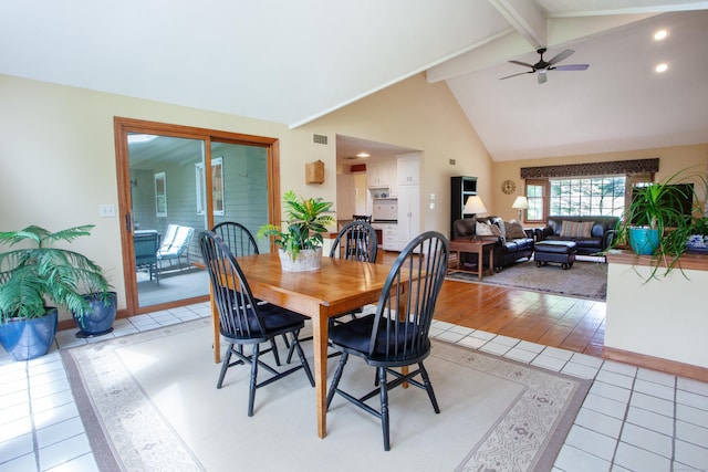 41 Blue Ridge Dr, Simsbury, CT 06089 - dining room featuring beamed ceiling, a ceiling fan, high vaulted ceiling, and light tile patterned floors
