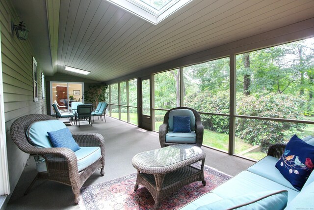 41 Blue Ridge Dr, Simsbury, CT 06089 - sunroom with an outdoor living space, a skylight, healthy amount of natural light, outdoor dining space, and vaulted ceiling