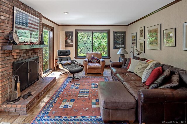 15 Tunxis Trl, Redding, CT 06896 - living area with a fireplace, ornamental molding, and wood finished floors