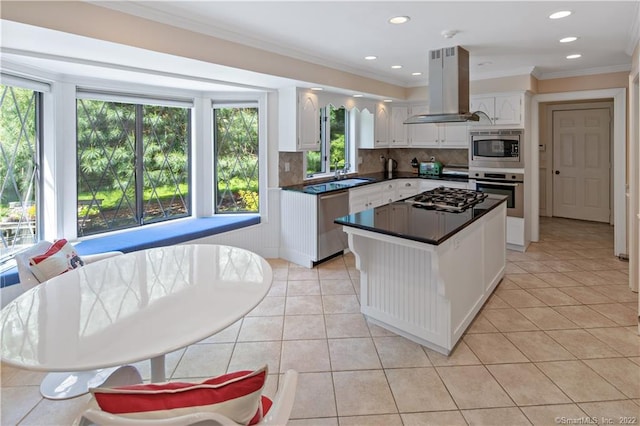 15 Tunxis Trl, Redding, CT 06896 - kitchen with island range hood, appliances with stainless steel finishes, dark countertops, backsplash, and white cabinetry