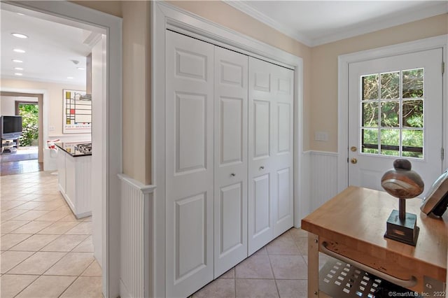 15 Tunxis Trl, Redding, CT 06896 - office area featuring light tile patterned floors, wainscoting, ornamental molding, and recessed lighting