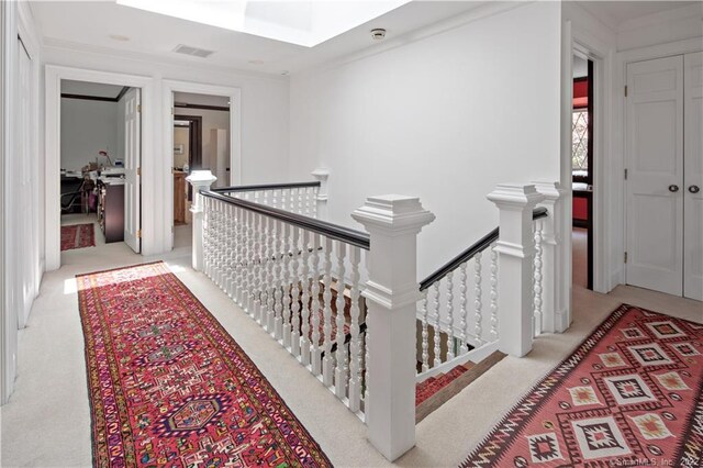 15 Tunxis Trl, Redding, CT 06896 - hallway featuring an upstairs landing, carpet flooring, and crown molding