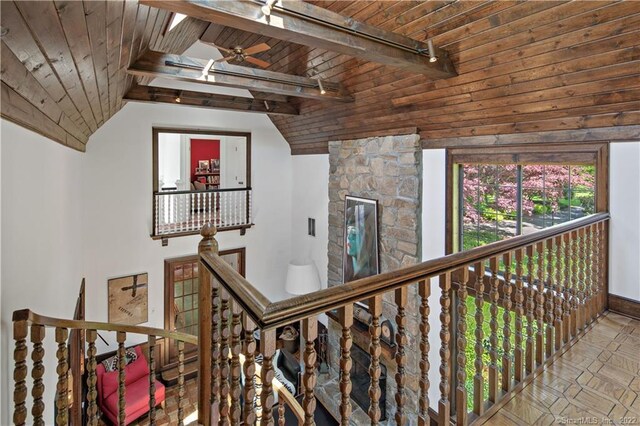 15 Tunxis Trl, Redding, CT 06896 - stairs featuring wood ceiling, a ceiling fan, and baseboards