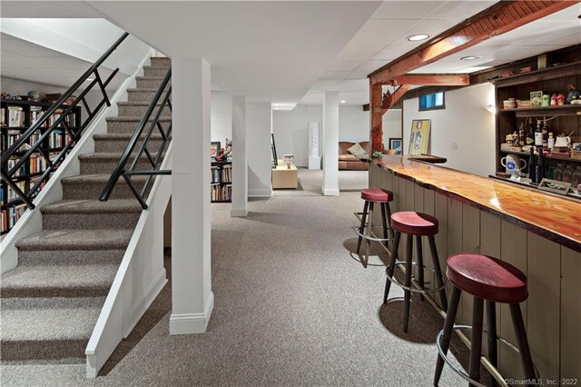 15 Tunxis Trl, Redding, CT 06896 - indoor bar featuring stairway, carpet floors, baseboards, and recessed lighting