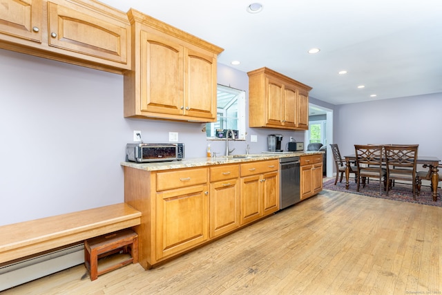 15 Woodcliff Dr, Simsbury, CT 06070 - kitchen featuring stainless steel dishwasher, recessed lighting, light wood finished floors, a sink, and baseboard heating