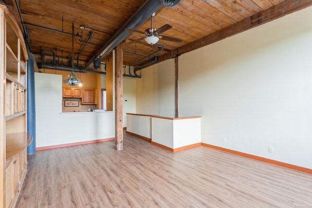 92 Main St Unit 214, Deep River, CT 06417 - unfurnished living room featuring light wood-style floors, ceiling fan, baseboards, and wood ceiling