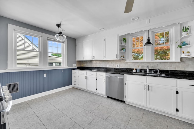 70 Mercer St, Stratford, CT 06614 - kitchen with open shelves, stainless steel dishwasher, a sink, white cabinets, and wainscoting