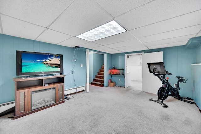 70 Mercer St, Stratford, CT 06614 - workout area with baseboard heating, carpet flooring, and a paneled ceiling