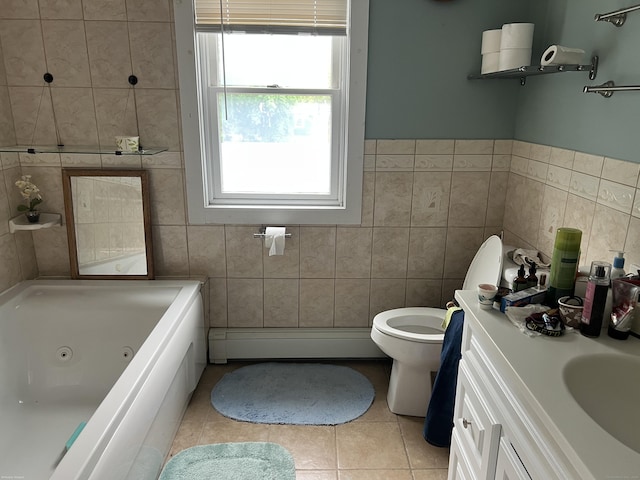40 Bellevue Rd, New Haven, CT 06511 - bathroom featuring tile walls, a baseboard radiator, tile patterned flooring, a whirlpool tub, and toilet
