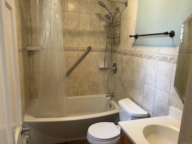 40 Bellevue Rd, New Haven, CT 06511 - bathroom featuring tile walls, toilet, shower / bathtub combination with curtain, and vanity