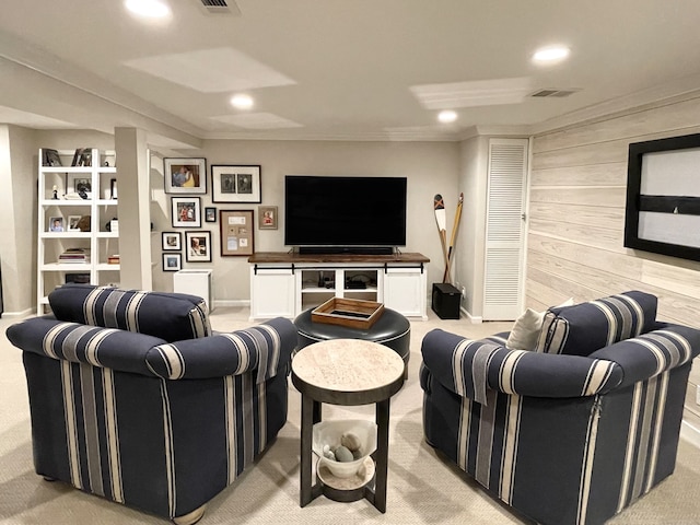 506 Jamestown Rd Unit 506, Stratford, CT 06614 - living area with light carpet, wood walls, recessed lighting, ornamental molding, and baseboards