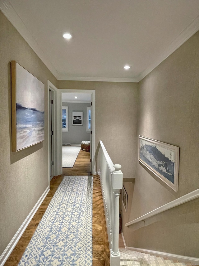 506 Jamestown Rd Unit 506, Stratford, CT 06614 - hallway featuring an upstairs landing, wood finished floors, crown molding, baseboards, and recessed lighting