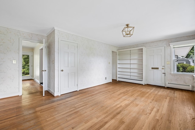10 Wyndwood Rd, West Hartford, CT 06107 - unfurnished room with wallpapered walls, light wood finished floors, a baseboard radiator, and ornamental molding