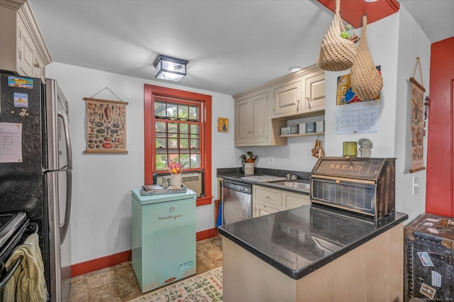 64 W St, Cromwell, CT 06416 - kitchen with stainless steel appliances, baseboards, cream cabinets, open shelves, and a sink