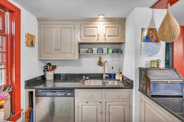 64 W St, Cromwell, CT 06416 - kitchen with stainless steel dishwasher, a sink, dark countertops, and open shelves