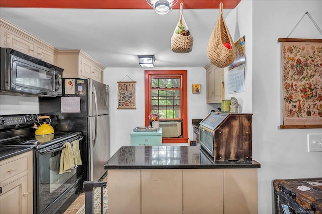 64 W St, Cromwell, CT 06416 - kitchen with black appliances, cream cabinetry, a peninsula, and dark countertops