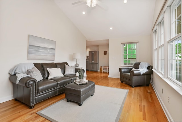 102 Pratt St, Fairfield, CT 06824 - living room featuring ceiling fan, light wood-style floors, baseboards, high vaulted ceiling, and recessed lighting
