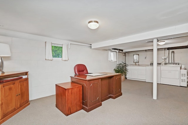 102 Pratt St, Fairfield, CT 06824 - carpeted office space featuring washer and clothes dryer, concrete block wall, and a sink