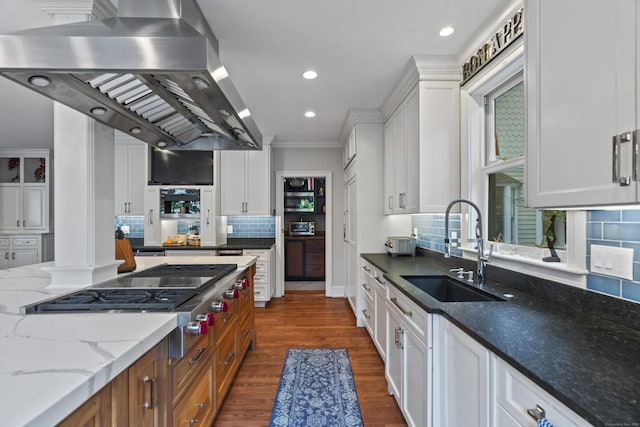 18 Ferry Rd, Old Lyme, CT 06371 - kitchen with a sink, island exhaust hood, white cabinetry, stainless steel gas stovetop, and recessed lighting