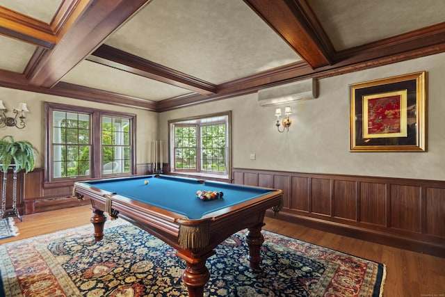 18 Ferry Rd, Old Lyme, CT 06371 - game room featuring a wall mounted AC, coffered ceiling, beam ceiling, wainscoting, and wood finished floors