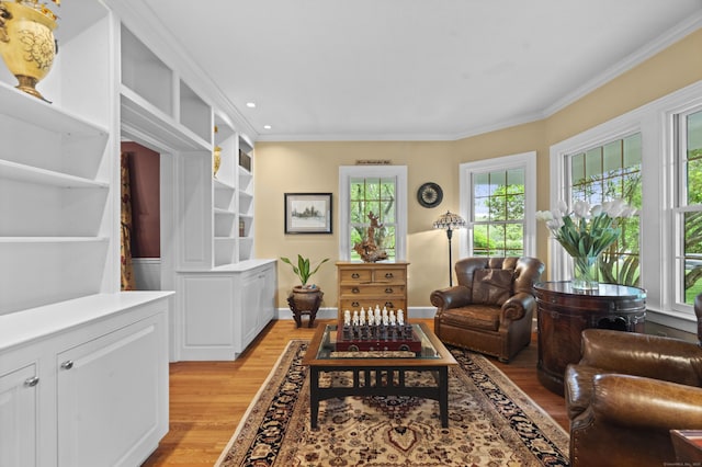 18 Ferry Rd, Old Lyme, CT 06371 - living room with light wood-style floors, ornamental molding, and recessed lighting