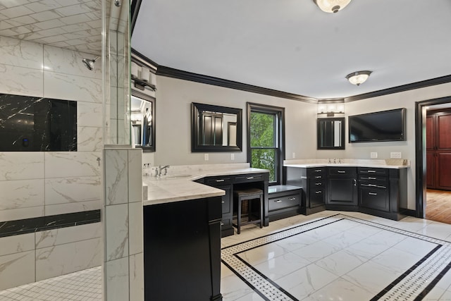 18 Ferry Rd, Old Lyme, CT 06371 - full bathroom featuring marble finish floors, ornamental molding, two vanities, a tile shower, and inlaid floor details