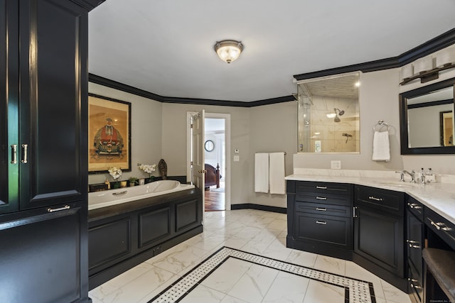 18 Ferry Rd, Old Lyme, CT 06371 - bathroom featuring marble look tiles, crown molding, tiled shower, a garden tub, and vanity