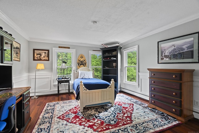 18 Ferry Rd, Old Lyme, CT 06371 - bedroom featuring a baseboard radiator, a textured ceiling, multiple windows, dark wood finished floors, and wainscoting