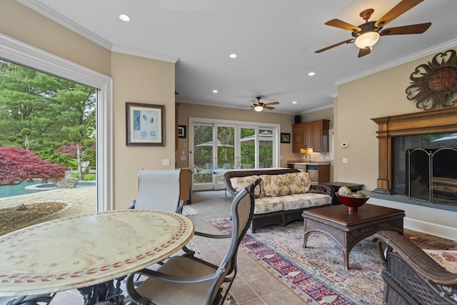18 Ferry Rd, Old Lyme, CT 06371 - living room with ceiling fan, plenty of natural light, recessed lighting, ornamental molding, and a fireplace with raised hearth