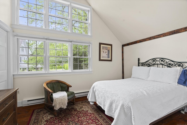 18 Ferry Rd, Old Lyme, CT 06371 - bedroom featuring a baseboard radiator, multiple windows, and high vaulted ceiling
