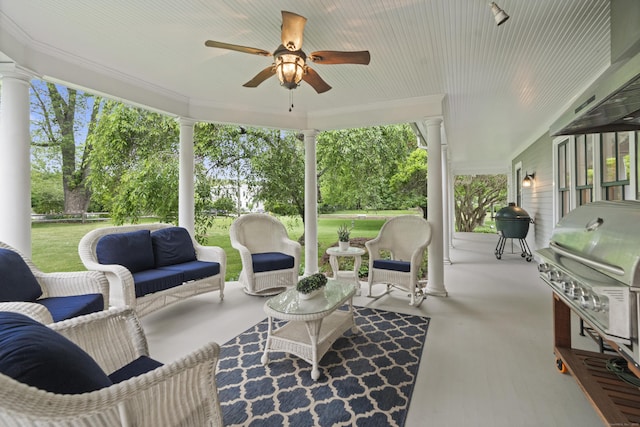 18 Ferry Rd, Old Lyme, CT 06371 - view of patio featuring an outdoor living space, ceiling fan, and a grill