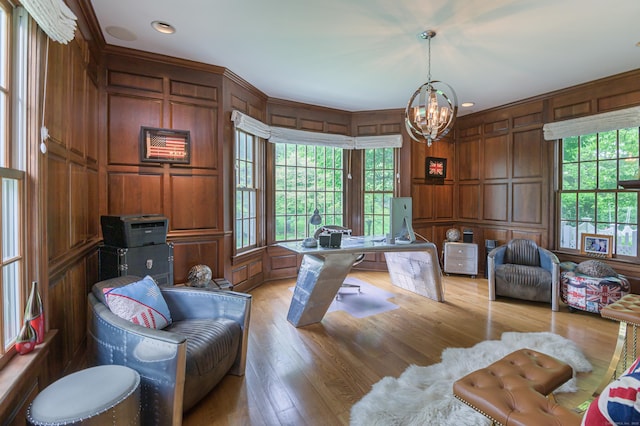 368 Nod Hill Rd, Wilton, CT 06897 - office featuring a chandelier, plenty of natural light, a decorative wall, light wood-style floors, and recessed lighting