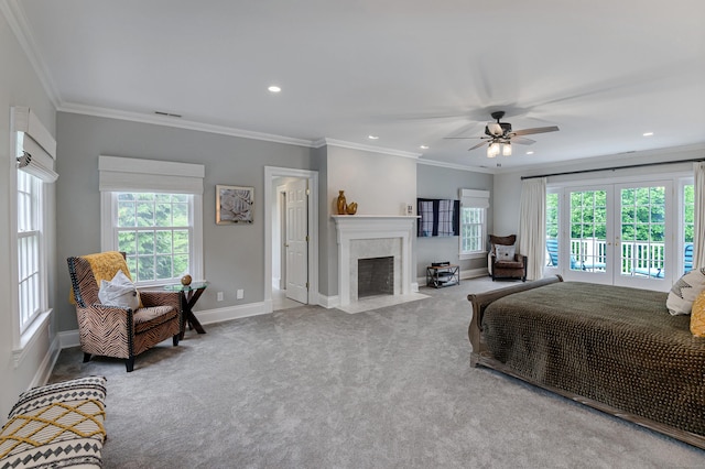 368 Nod Hill Rd, Wilton, CT 06897 - bedroom featuring carpet flooring, baseboards, ornamental molding, access to exterior, and a fireplace