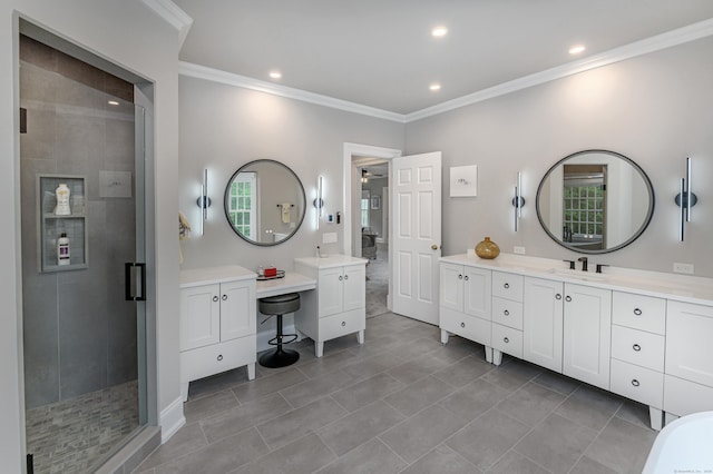 368 Nod Hill Rd, Wilton, CT 06897 - bathroom with ornamental molding, vanity, a stall shower, recessed lighting, and tile patterned floors