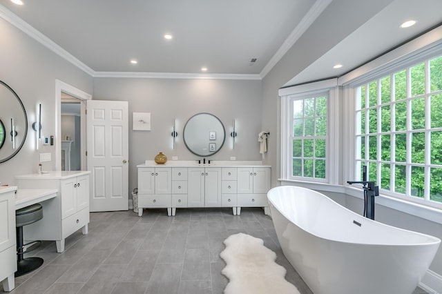 368 Nod Hill Rd, Wilton, CT 06897 - full bath featuring ornamental molding, a soaking tub, vanity, tile patterned floors, and recessed lighting