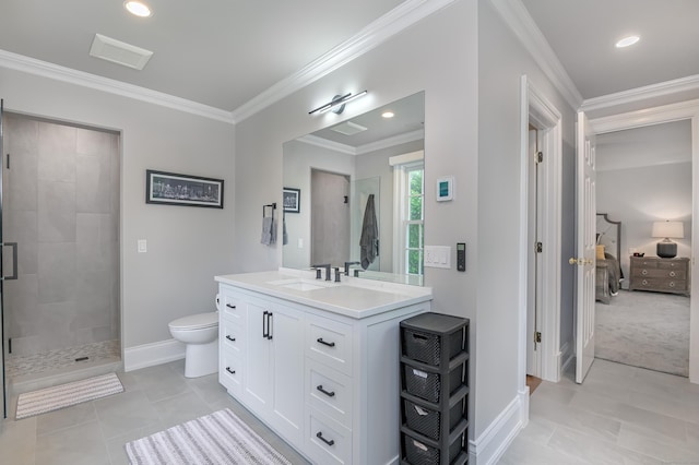368 Nod Hill Rd, Wilton, CT 06897 - ensuite bathroom featuring vanity, a shower stall, toilet, crown molding, and baseboards