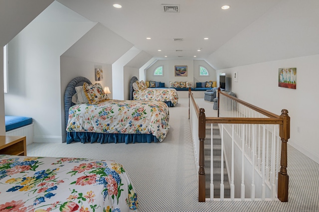 368 Nod Hill Rd, Wilton, CT 06897 - carpeted bedroom with vaulted ceiling, baseboards, and recessed lighting