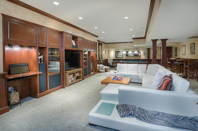 368 Nod Hill Rd, Wilton, CT 06897 - living area featuring crown molding, decorative columns, light colored carpet, recessed lighting, and pool table